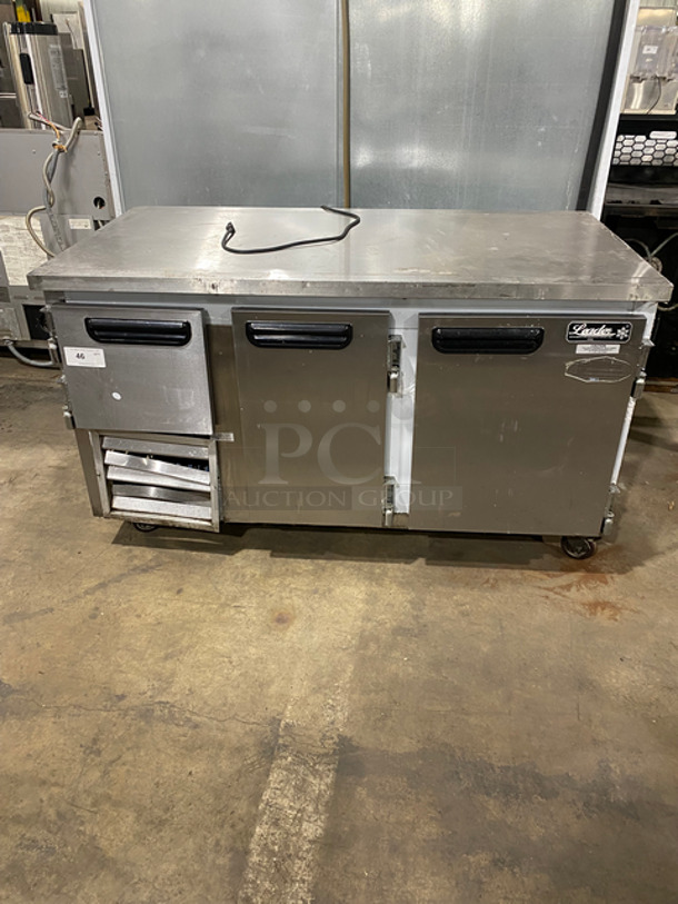 COOL! Leader Commercial 3 Door Lowboy/ Worktop Cooler! With Poly Coated Racks! All Stainless Steel! On Casters! Model: LB60SC SN: GX02C1836 115V 60HZ 1 Phase