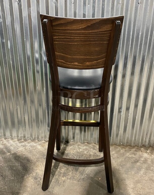 NICE! BRAND NEW!  Square Back Walnut Solid Wood Restaurant Bar Stool With Black Vinyl Seat! 2x Your Bid! - Image 3 of 7