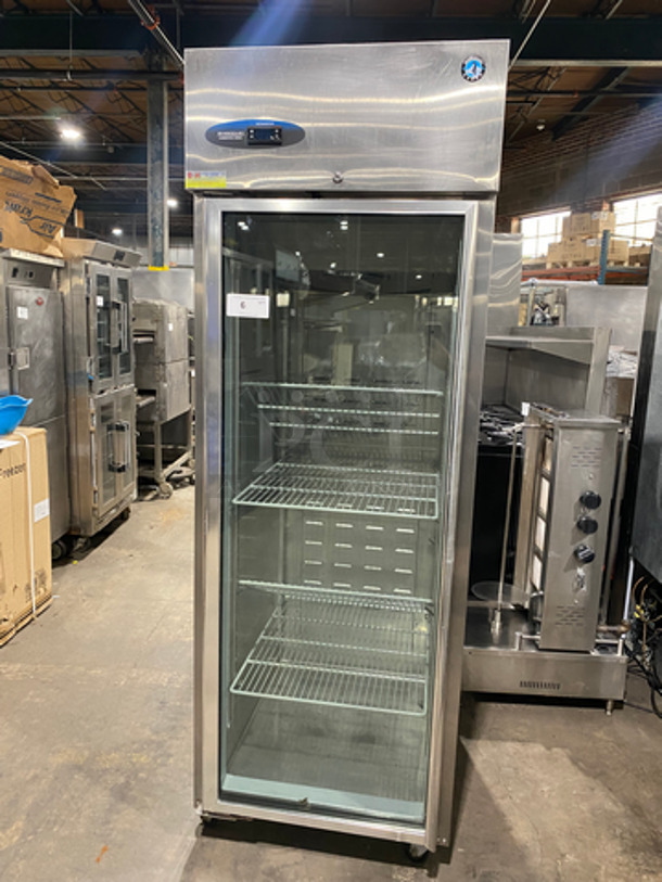 Hoshizaki Commercial Single Door Reach In Cooler! With View Through Door! Poly Coated Racks! Stainless Steel Body! On Casters! Model: CR1SFGECL SN: H50323G 115V 60HZ 1 Phase