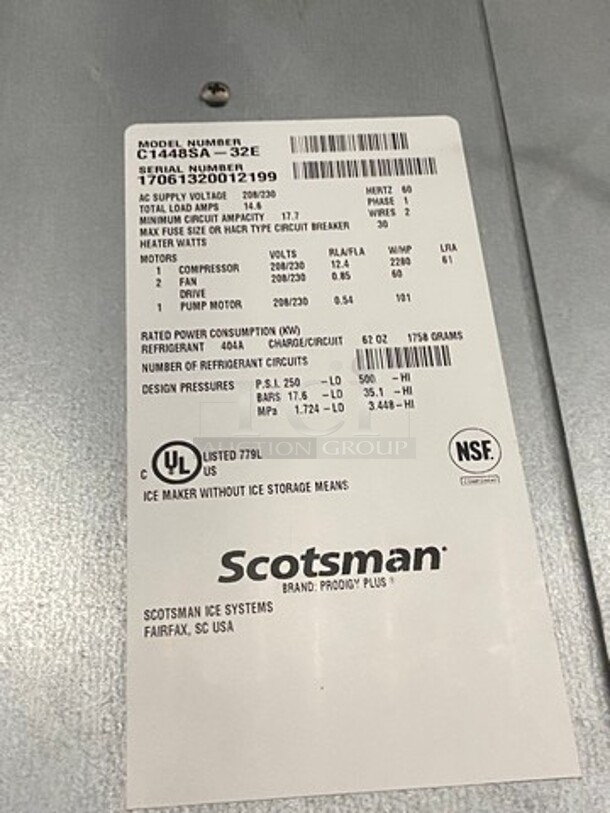 Scotsman Commercial Ice Maker Machine! On Follet Commercial Ice Bin! All Stainless Steel Body! On Legs! Model: C1448SA32E SN: 17061320012199 208/230V 60HZ 1 Phase, Model: DEV1475SG60 SN: E2491535013 - Image 8 of 11