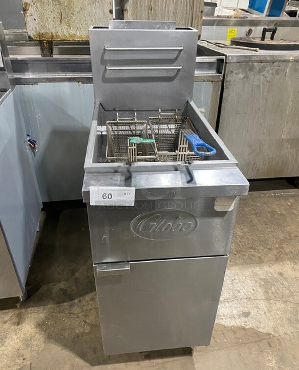 Globe Commercial Natural Gas Powered Deep Fat Fryer! With Backsplash! All Stainless Steel! On Legs! Model: GFF35G SN:10161018  - Image 1 of 9