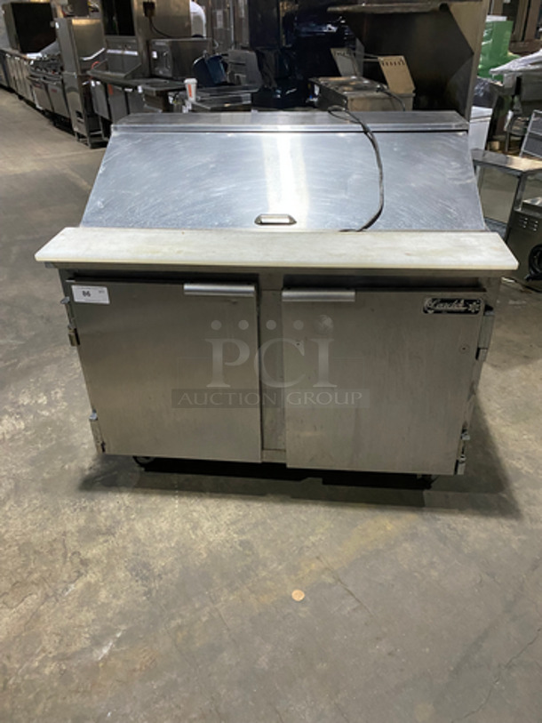 Leader Commercial Refrigerated Sandwich Prep Table! With Commercial Cutting Board! With 2 Door Storage Space! All Stainless Steel! On Casters! Model: NSFM48S/C SN: NI020121 115V 60HZ 1 Phase