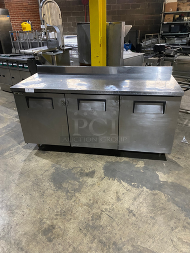 COOL! True Commercial 3 Door Refrigerated Lowboy/Worktop Cooler! With Backsplash! All Stainless Steel! On Legs! Model: TWT72 SN: 8587616 115V 60HZ 1 Phase