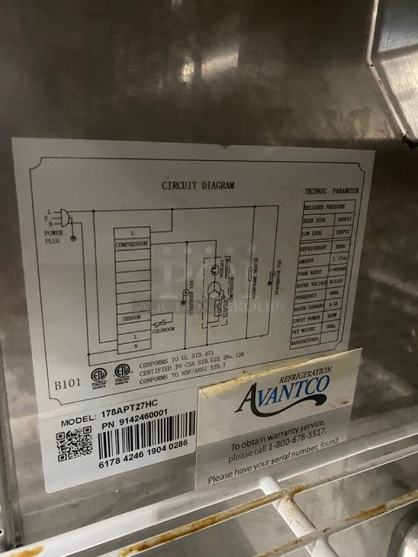 LATE MODEL! Avantco Refrigerated Commercial Sandwich/Salad Prep Table! With Commercial Cutting Board! With Poly Shelf! With Single Door Underneath Storage Space! All Stainless Steel! On Casters! 115V 1 Phase! Model 178APT27HC! Working When Removed! - Image 7 of 9
