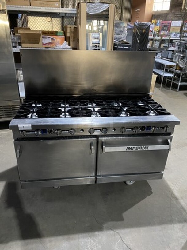 Nice! Imperial Natural Gas Powered 10 Burner Stove! With Double Full Size Convection Ovens Underneath! On Commercial Casters! - Image 1 of 10