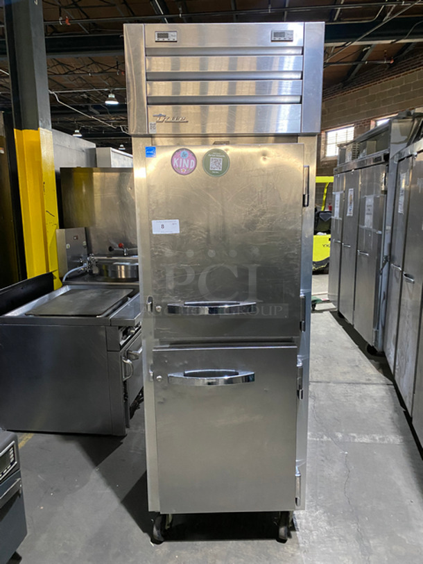True Commercial Reach In Refrigerator/Freezer Combo! With 2 Half Doors! With Poly Coated Racks! All Stainless Steel! On Casters! Model: STG1DT2HS SN: 8629915 115V 60HZ 1 Phase