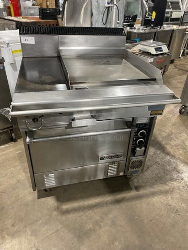 NICE! Garland Commercial Natural Gas Powered Hot Plate With Right Side Flat Griddle! Griddle Has Side Splashes! With Back Splash! With Oven Underneath! All Stainless Steel!