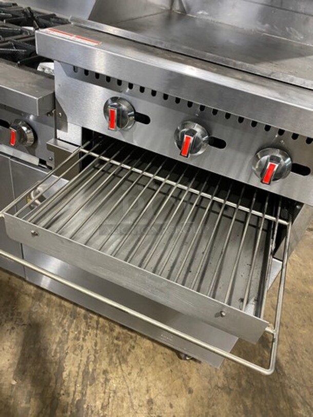 FAB! CPG Commercial Natural Gas Powered 6 Burner Stove With Right Side Flat Griddle And Cheese Melter Combo! Griddle Has Side Splashes! With Raised Back Splash And Salamander Shelf! With 2 Oven Underneath! Metal Oven Racks! All Stainless Steel! On Casters! SN: 01210402 - Image 9 of 12