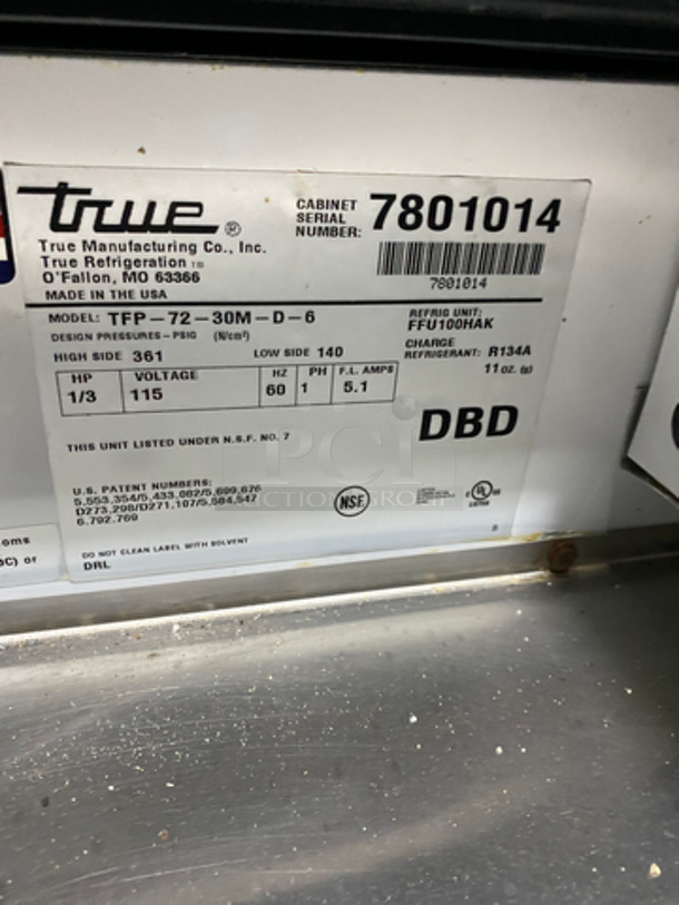 FAB! True Commercial Refrigerated Sandwich Prep Table! With 6 Drawers Underneath! With Overhead Serving Shelves! All Stainless Steel! Model: TFP7230MD6 SN: 7801014 115V 60HZ 1 Phase - Image 8 of 11