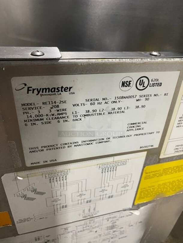 Frymaster Commercial Electric Powered Split Bay Deep Fat Fryer! With Metal Frying Baskets! With Side Splashes! All Stainless Steel! On Casters! Model: RE1142SE SN: 1508NA0057 208V 60HZ 3 Phase - Image 10 of 11