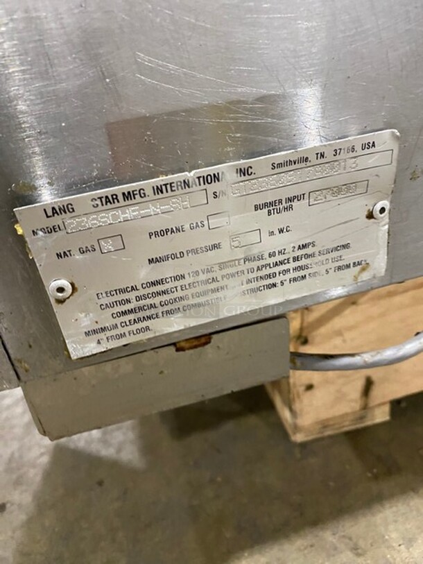 Lang Commercial Countertop Natural Gas Powered Flat Top Griddle With Clamshell Flat Hood Press! With Thermostatic Controls! Built In Hood! With Back And Side Splashes! All Stainless Steel! Model: 236SCHENSH SN:GT2360917A0013  - Image 10 of 11