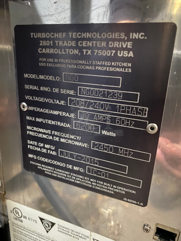 2015 Turbo Chef Commercial Countertop Rapid Cook Oven! On Small Legs! Model: NGO SN: NGOD21239 208/240V 60HZ 1 Phase - Image 5 of 9