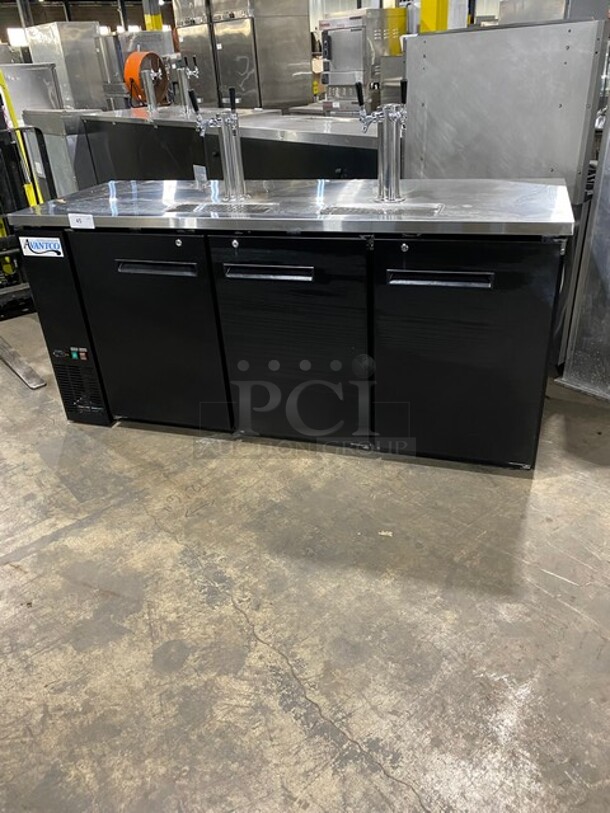 NICE! Avantco Commercial Refrigerated Dual Tower Kegerator! With Towers! With 3 Door Storage Space Underneath! Poly Coated Racks! Model: 178UDD378 SN: 6436334321083608 115V 60HZ 1 Phase