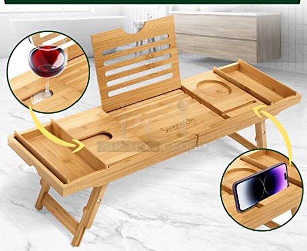 BRAND NEW SCRATCH AND DENT! SereneLife SLBCAD50 Bamboo Bathtub Caddy w iPad/Tablet/Book Holder. Stock Picture Used For Gallery - Image 1 of 4