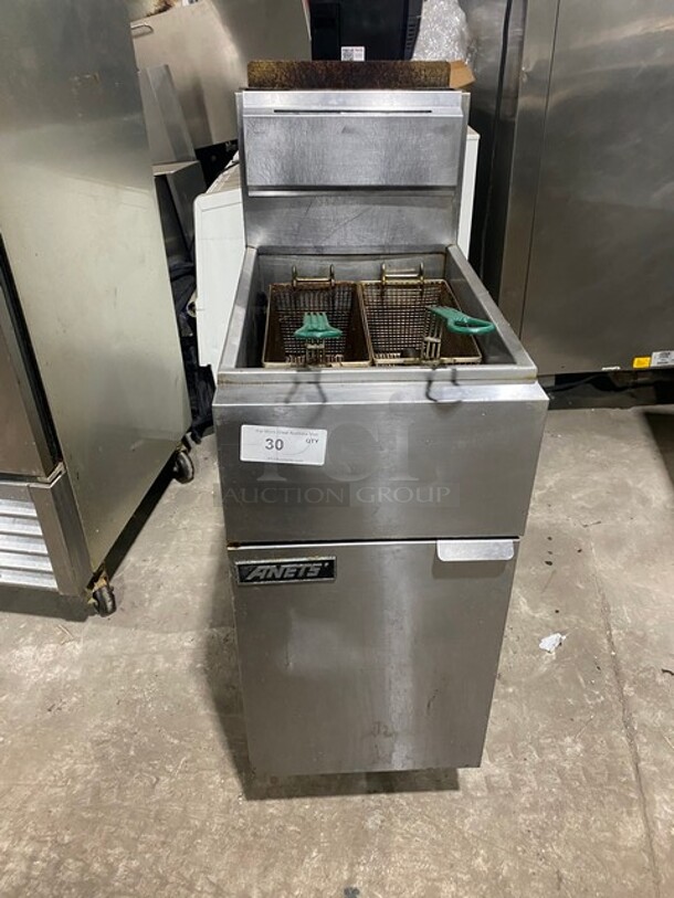 SUPER! Anets Commercial Natural Gas Powered Deep Fat Fryer! With Backsplash! With 2 Frying Baskets! All Stainless Steel! Model 14VFS Serial 40751! On Legs! WORKING WHEN REMOVED! - Image 1 of 8
