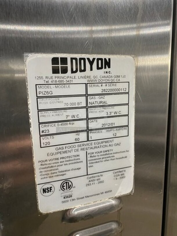 WOW! 2012 Doyon Commercial Natural Gas Powered Tripple Deck Pizza/ Baking Oven! With Shelf Storage Underneath! All Stainless Steel! On Casters! Model: PIZ6G SN: 282200000112 - Image 8 of 11