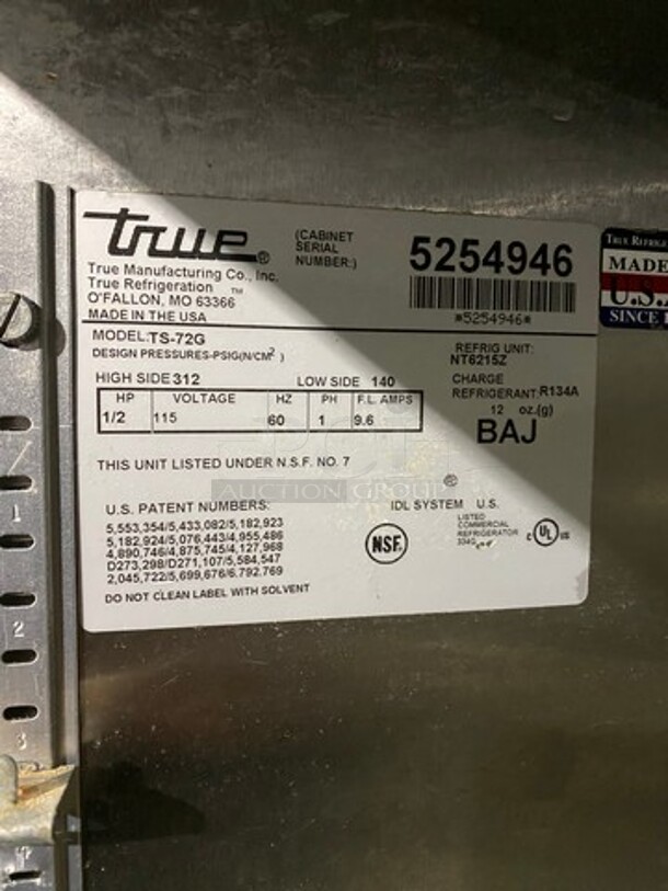 True Commercial 3 Door Reach In Cooler Merchandiser! With View Through Doors! Poly Coated Racks! Stainless Steel Body! Model: TS72G SN: 5254946 115V 60HZ 1 Phase - Image 8 of 12