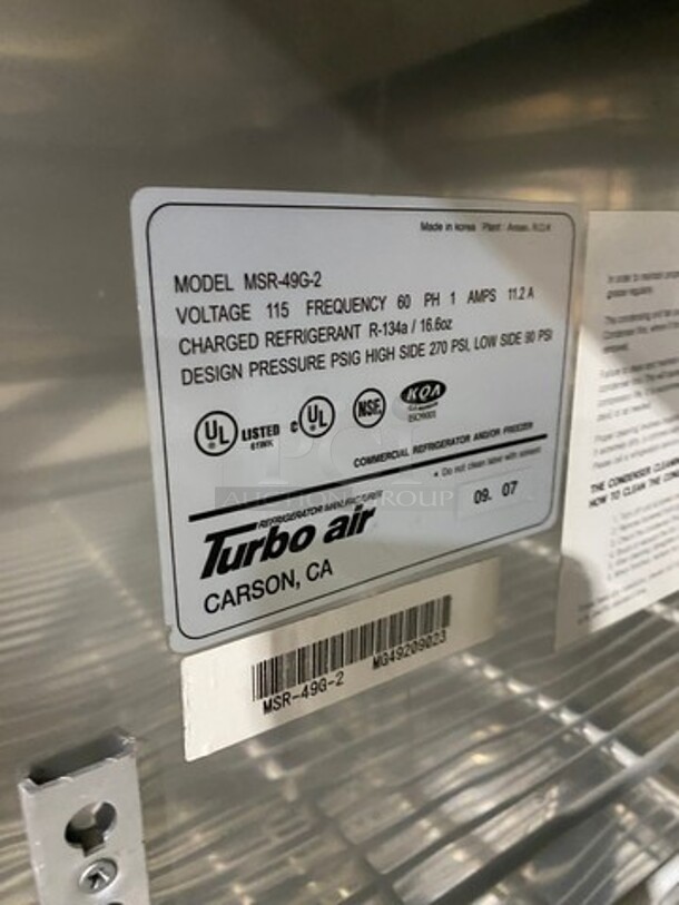 TURBO AIR- Digital Control 2 Glass Door Reach In Refrigerator! Stainless Steel!  On Commercial Casters! Model MSR-49G-2 115V/60Hz/1 Phase! On Casters!  - Image 7 of 9