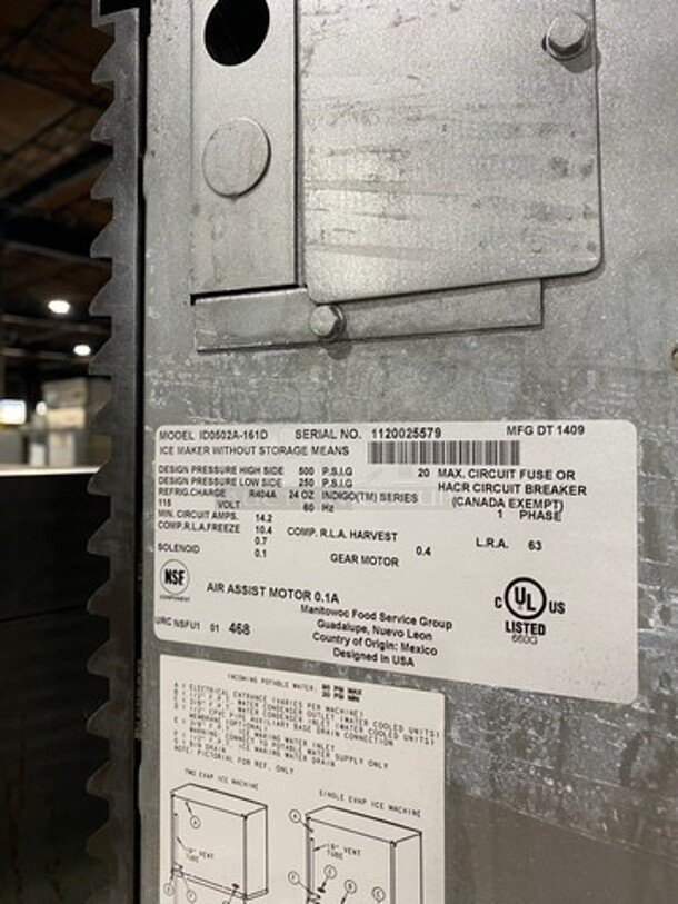 Manitowoc Commercial Ice Maker Machine! With Commercial Ice Bin! All Stainless Steel! On Legs! Model: ID0502A161D SN: 1120025579 115V 60HZ 1 Phase - Image 5 of 9