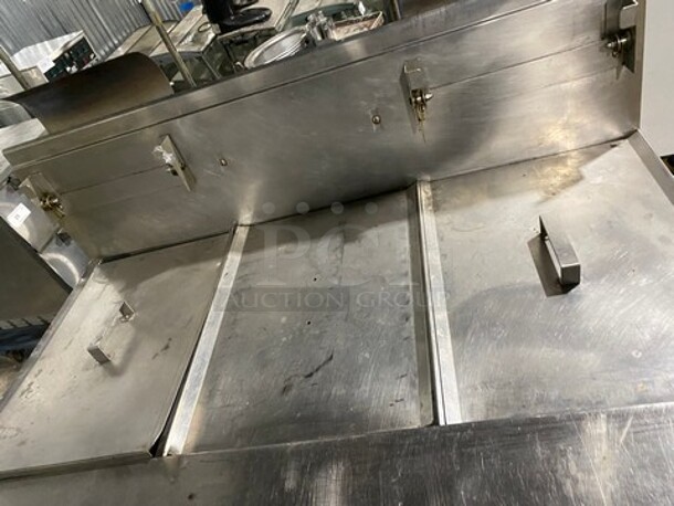 Frymaster Commercial Natural Gas Powered 2 Bay Deep Fat Fryer With Middle Dumping Station! With Back Splash! All Stainless Steel! On Casters! Model: FM245EBLMSC SN: 0012GI0052 - Image 5 of 11