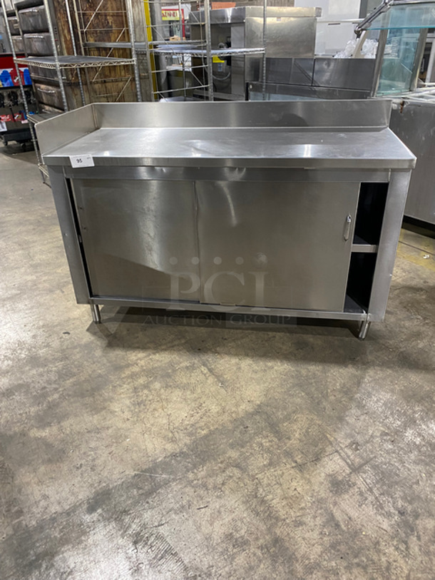 Custom Made Commercial Work Top Table! With Back And 1 Side Splash! With 2 Door Storage Space Underneath! Solid Stainless Steel! On Legs!