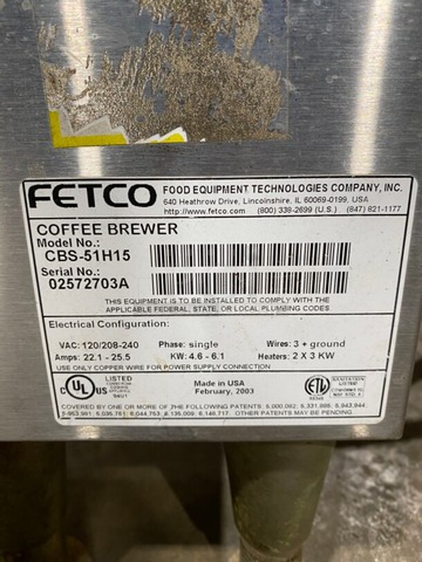 Fetco Commercial Countertop Coffee Machine! With Hot Water Line! Stainless Steel Body! On Small Legs! Model: CBS51H15 SN: 02572703A 120/208/240V 1 Phase - Image 10 of 11