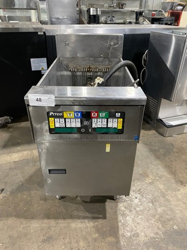 Pitco Soltice Commercial Electric Powered Deep Fat Fryer! With Backsplash! All Stainless Steel! Front Legs And Back Casters! Model: SEF184 SN: E08FA018388 208V 60HZ