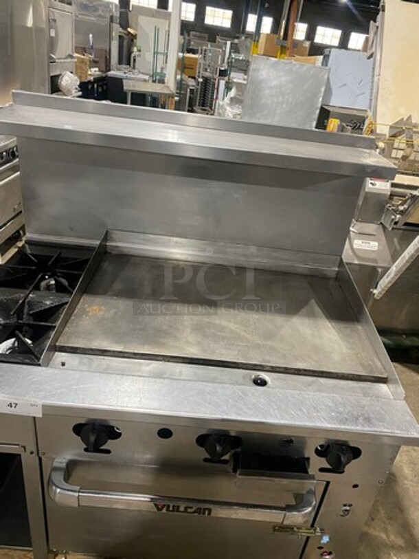 WOW! Vulcan Commercial Natural Gas Powered Flat Top Griddle With 2 Burner! Flat Griddle Has Side Splashes! With Raised Back Splash And Salamander Shelf! With Oven Underneath! All Stainless Steel! On Casters! Model: 48C2B36GN SN: 650094075 - Image 7 of 11