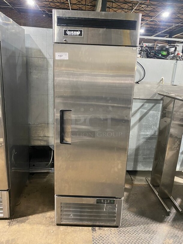 2019 Bison Commercial Single Door Reach In Cooler! Poly Coated Racks! All Stainless Steel! With Casters! Working When Removed! MODEL BRR21 SN: BRR2100319122100K80010 115V 1PH 