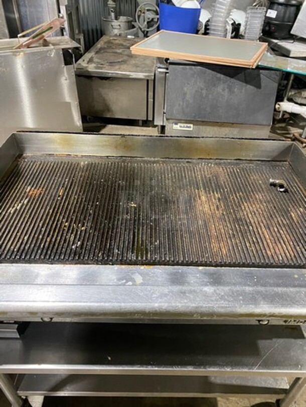 Imperial Commercial Natural Gas Powered Countertop Grill! With Grooved Grill! With Back And Side Splashes! On Legs! On Equipment Stand! With Storage Space Underneath! All Stainless Steel! On Casters! WORKING WHEN REMOVED! Model: IGG48 - Image 5 of 11