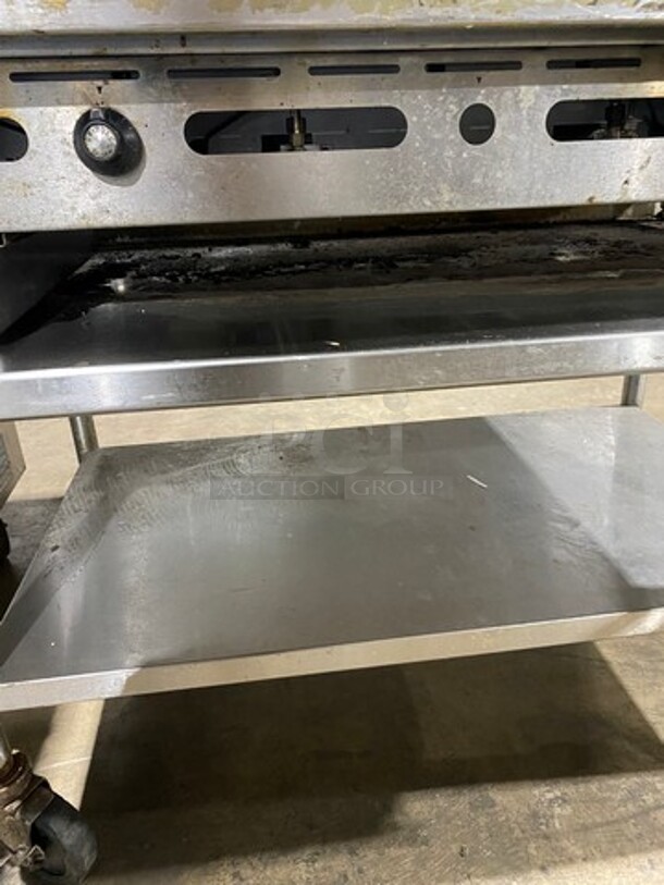 Imperial Commercial Natural Gas Powered Countertop Grill! With Grooved Grill! With Back And Side Splashes! On Legs! On Equipment Stand! With Storage Space Underneath! All Stainless Steel! On Casters! WORKING WHEN REMOVED! Model: IGG48 - Image 7 of 11