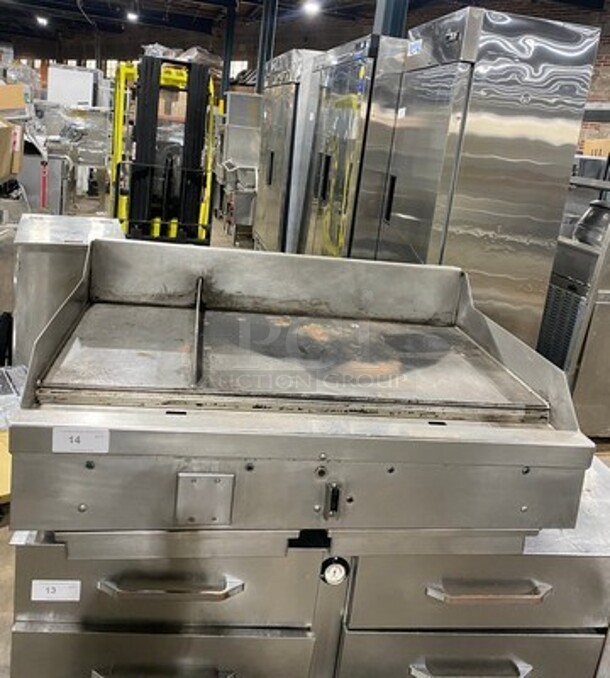 Woodstone Commercial Countertop Natural Gas Powered Flat Griddle! With Split Top! With Back & Side Splashes! All Stainless Steel! On Legs!