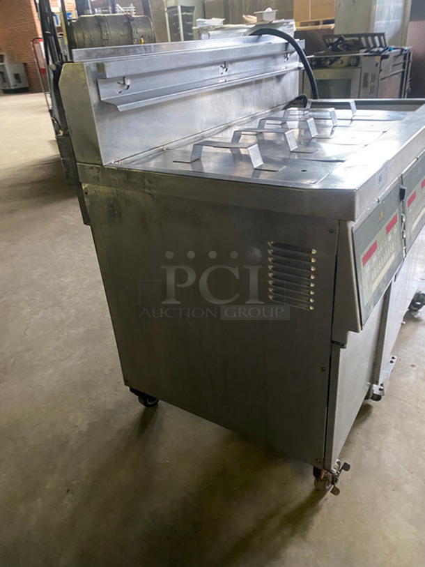 Amazing! Henny Penny Commercial Natural Gas Powered 6 Section/Bay Deep Fat Fryer! With Oil Filter System! With Fryer Covers! All Stainless Steel! On Casters! Model: LVG103SSS SN: BU1108022 120V 60HZ 1 Phase! - Image 2 of 12