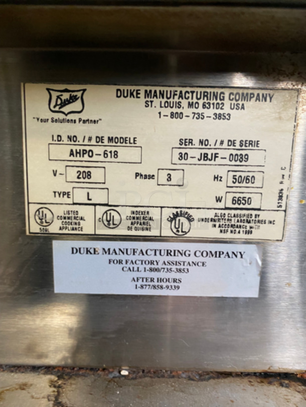 GREAT! Duke Stainless Steel Commercial Oven Proofer! With View Through Doors! With Metal Racks! On Casters! Working When Removed! Model: AHPO-618 SN:30JBJF0039 208V 60HZ 3 Phase - Image 5 of 10