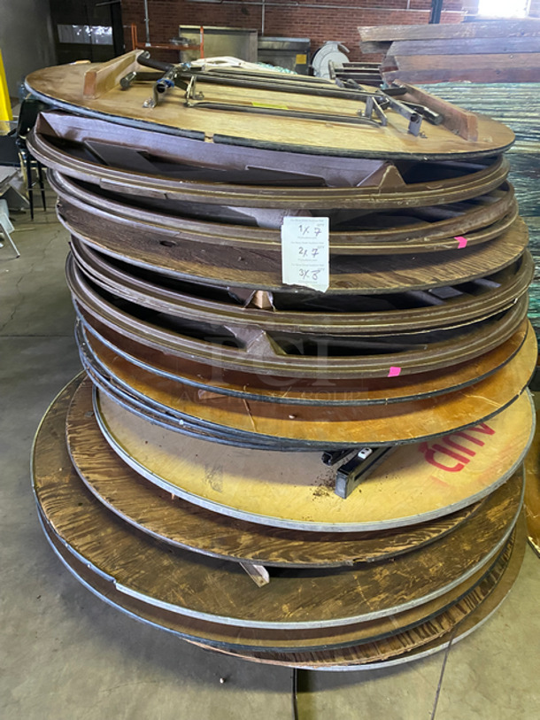 Assorted Size Wooden Pattern Round Tables! With Foldable Metal Base! 7x Your Bid!