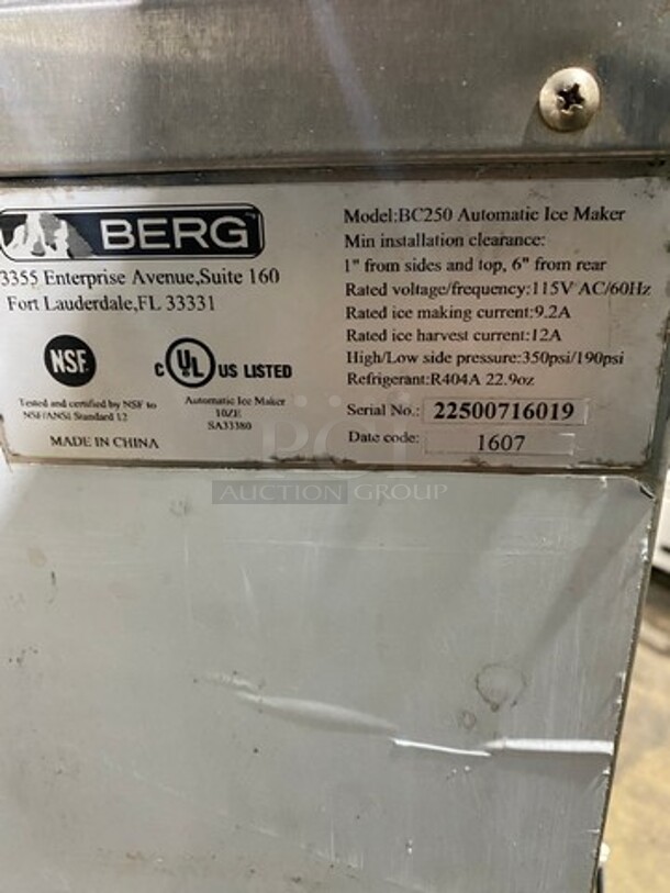 LATE MODEL! 2016 Berg Commercial Automatic Ice Maker Machine! Stainless Steel Body! On Legs! Model: BC250 SN: 22500716019 115V - Image 8 of 9