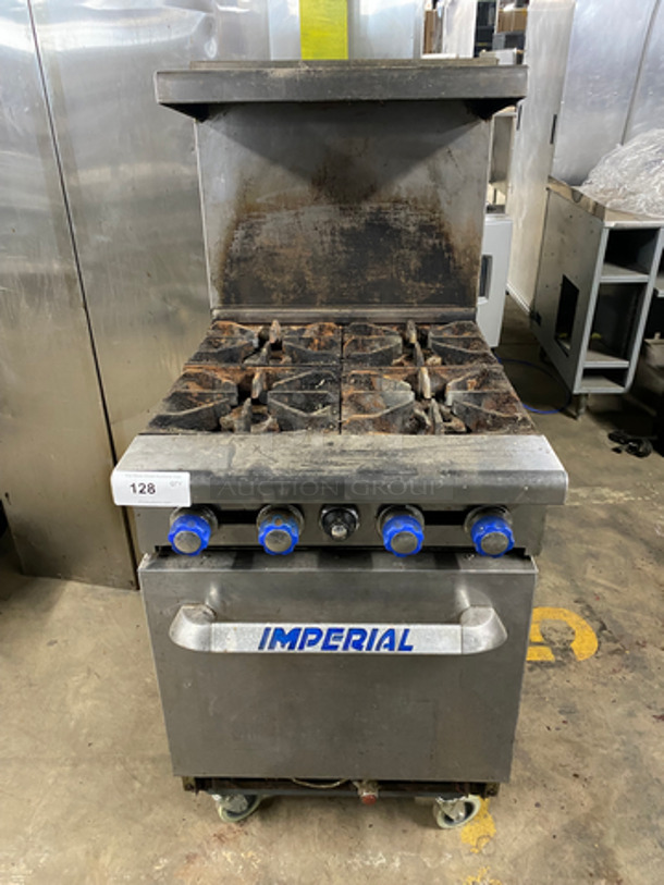 Imperial Commercial Natural Gas Powered 4 Burner Stove! With Raised Back Splash And Salamander Shelf! With Oven Underneath! All Stainless Steel! On Casters! - Image 1 of 11