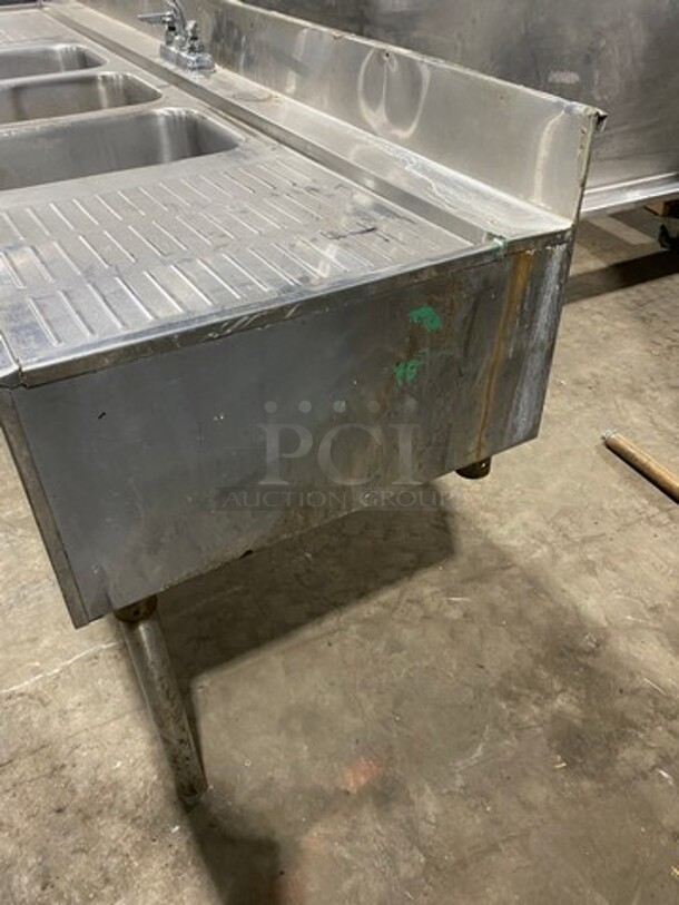 SWEET! Supreme Metal Commercial 3 Bay Bar Back Sink! With Dual Side Drain Boards! With Back Splash! With Faucets And Handles! All Stainless Steel! On Legs! - Image 3 of 10