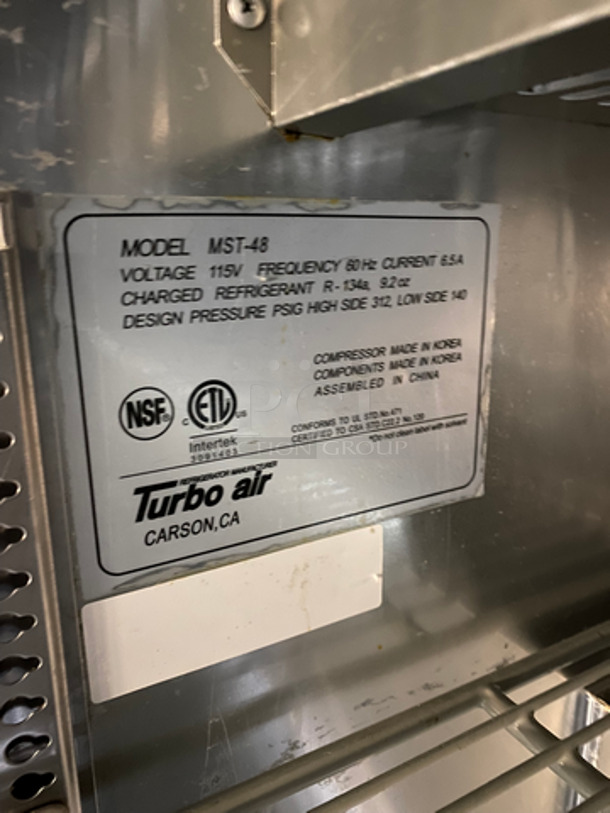 COOL! Turbo Air Commercial Refrigerated Sandwich Prep Table! With 2 Door Storage Space Underneath! With Poly Coated Racks! All Stainless Steel! On Casters! Model: MST48 115V 60HZ - Image 7 of 10