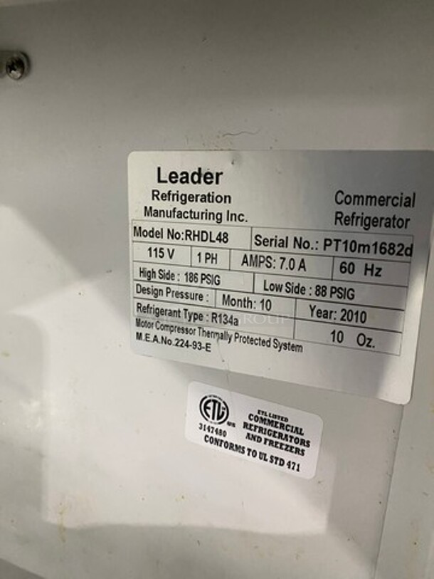 2010 Leader Commercial Refrigerated Bakery Display Case Merchandiser! With Curved Front Glass! With Rear Access Doors! Stainless Steel Body! Model: RHDL48 SN: PT10M1682D 115V 60HZ 1 Phase - Image 4 of 8