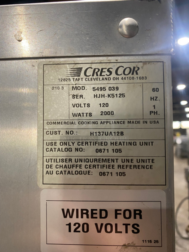 Cres Cor Commercial Insulated Warming/Proofing Cabinet! With 2 Half Doors! Holds Full Size Trays! All Stainless Steel! On Casters! Model: 5495039 SN: HJHK5125 120V 60HZ 1 Phase! Not Tested!  - Image 7 of 8