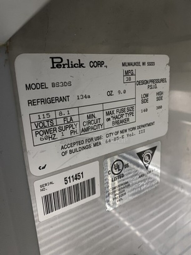 Perlick 84 Inch Refrigerated Bar Back Cooler! With 3 Solid Doors! Model BS3DS Serial 511451! 115V 1 Phase! On Legs!  - Image 8 of 9