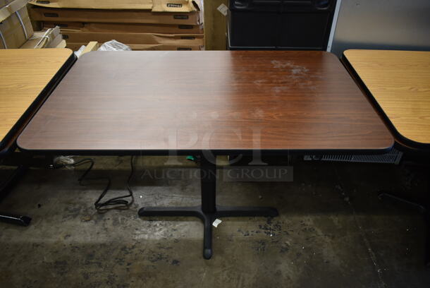 6 Wood Pattern Dining Height Tables on Black Metal Table Base. 6 Times Your Bid!