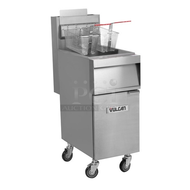 BRAND NEW SCRATCH AND DENT! 2023 Vulcan 177VBE102M Stainless Steel Commercial Floor Style 35-40 lb. Natural Gas Powered Deep Fat Fryer w/ 2 Metal Fry Baskets. 90,000 BTU