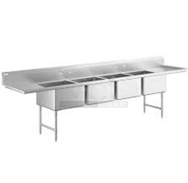 BRAND NEW SCRATCH AND DENT! Regency 600S42424224 Stainless Steel 4 Bay Sink w/ Dual Drain Board. No Legs. Bays 24x24x13.5. Drain Boards 22.5x25.5