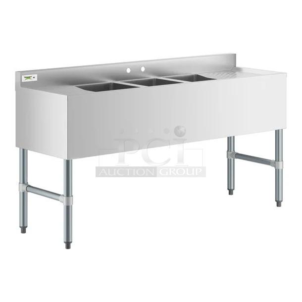 BRAND NEW SCRATCH AND DENT! Regency 600B31014213 Stainless Steel Commercial 3 Bay Bar Sink w/ Dual Drain Boards. Bays 10x14x10. Drain Boards 11x15
