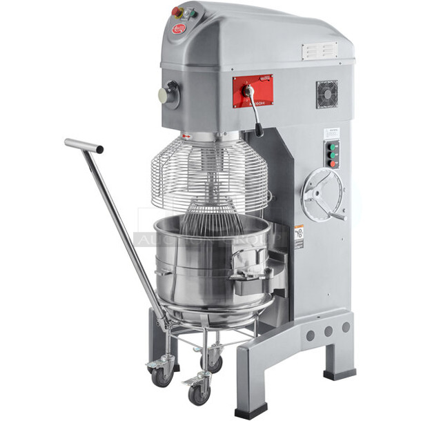 BRAND NEW SCRATCH AND DENT! Avantco 177MX60H Metal Commercial Floor Style 60 Quart Planetary Dough Mixer w/ Stainless Steel Mixing Bowl, Bowl Guard, Bowl Dolly, Dough Hook, Whisk and Paddle Attachments. 240 Volts, 3 Phase.