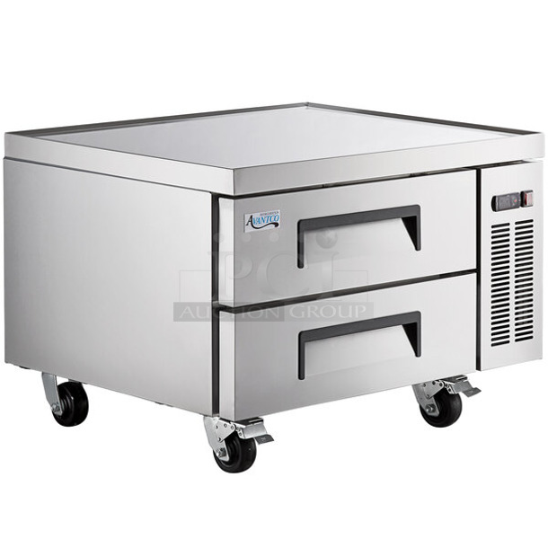 BRAND NEW SCRATCH AND DENT! 2023 Avantco 178CBE36HC Stainless Steel Commercial 2 Drawer Refrigerated Chef Base on Commercial Casters. 115 Volts, 1 Phase. Tested and Working!