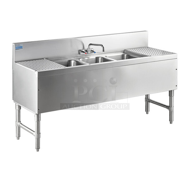 BRAND NEW SCRATCH AND DENT! Advance Tabco PRB-19-53C Stainless Steel 3 Compartment Prestige Series Underbar Sink with (2) 12" Drainboards and Splash Mount Faucet - 20" x 60" - Image 1 of 10