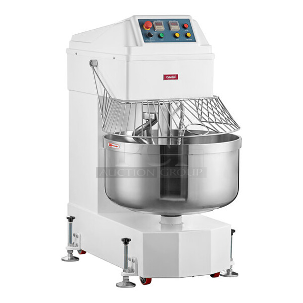 BRAND NEW SCRATCH AND DENT! Estella 348SM130 Metal Commercial Floor Style 130 Qt. / 195 lb. Two-Speed Spiral Dough Mixer w/ Stainless Steel Mixing Bowl, Bowl Guard and Dough Hook. 220 Volts. - Item #1114541